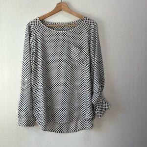 Loft women’s size M long blouse white with black and red geo pattern.